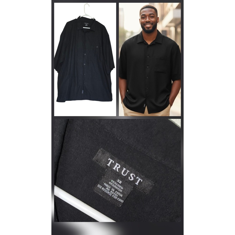 New TRUST shirt men Size 3XL‎ XXXL button short sleeve linen rayon Casual Black